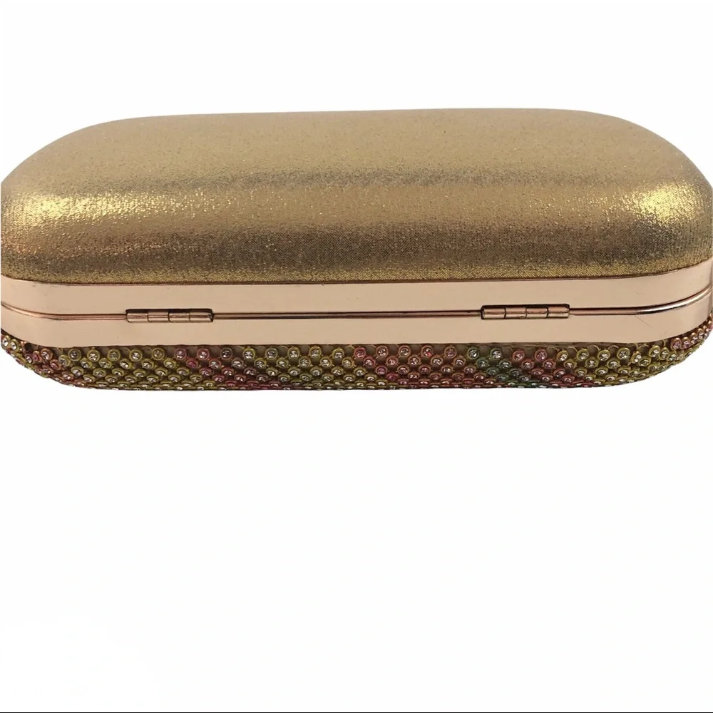 Alessia Gold & Colorful Rhinestone Oval Shaped Clutch With Gold Chain. NEW - Picture 6 of 6